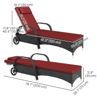 Outsunny Outdoor Lounger, Deck Lounge Chair with Headrest, 5-Level Adjustable, Backrest, Wheels, Deep Coffee and Wine Red(m-3)