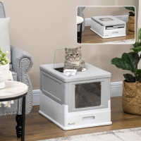 PawHut Top Entry Enclosed Kitty Litter Box with Scoop, Tray, Front Entry, Large Space, Foldable, Portable, Grey