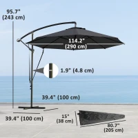 Outsunny 9.5' Cantilever Umbrella with Wind Protection Strap and Cover, Hanging Umbrella with Crank and Cross Base, UPF 50+, Grey(m-3)