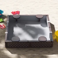Qaba Kids Sandbox with Cover, 4 Corner Seats, Bottom Liner for Backyard, Garden, Outdoor, 47" x 47" x 9", Dark Brown(m-9)