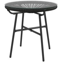 Outsunny Rattan Side Table, Round Outdoor Table, with Round PE Rattan and Tempered Glass Table Top for Patio, Garden, Black(m-2)