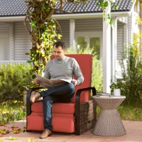 Outsunny Wicker Outdoor Recliner Chair, Reclining Lounge Chair with Adjustable Backrest, Footrest and Side Tray, Red(m-1)