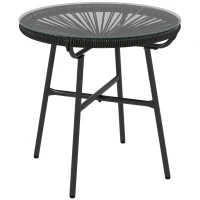 Outsunny Rattan Side Table, Round Outdoor Table, with Round PE Rattan and Tempered Glass Table Top for Patio, Garden, Black(m-11)