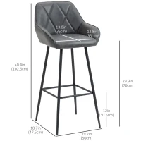 HOMCOM Retro Bar Stools Set of 2, Bar Chairs with Footrest, 30" (76 cm.) Kitchen Stools with Backs and Steel Legs, for Kitchen Island and Home Bar, Grey(m-3)