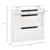 HOMCOM High Gloss Shoe Cabinet with 2 Flip Drawers and Adjustable Shelves, Narrow Shoe Storage Cabinet with Glass Top, White(m-3)