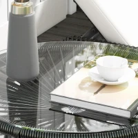 Outsunny Rattan Side Table, Round Outdoor Table, with Round PE Rattan and Tempered Glass Table Top for Patio, Garden, Black(m-10)