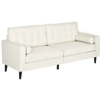 HOMCOM Mid-Century Sofa, Couch with Button-Tufted Back Cushion, Velvet Feel Fabric Upholstery, 2 Cylindrical Pillows and Rubber Wood Legs for Living Room, Cream White(m-11)