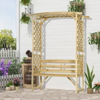 Outsunny Garden Arch with 2 Person Bench, Wooden Garden Arbor Archway Trellis for Climbing Plants, Lawn, Backyard Decor, Natural(m-8)