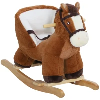 Qaba Baby Rocking Horse, Kids Ride-on with Sound, Wooden Base & Safety Belt for Ages 18-36 Months, Brown(m-11)
