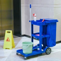 HOMCOM Commercial Janitorial Cart with 3 Tier Shelves Professional Cleaning Trolley with Rubbish Bag with Lid and Mop Mount for Hotel, Restaurant, Office,  47.75"x20"x39.25", Blue(m-8)