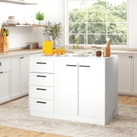 HOMCOM Kitchen Island with Storage Cabinet, 4 Drawers and Adjustable Shelf for Dining Room, Faux Marble Effect and White(m-1)
