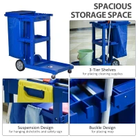 HOMCOM Commercial Janitorial Cart with 3 Tier Shelves Professional Cleaning Trolley with Rubbish Bag with Lid and Mop Mount for Hotel, Restaurant, Office,  47.75"x20"x39.25", Blue(m-4)