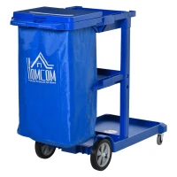 HOMCOM Commercial Janitorial Cart with 3 Tier Shelves Professional Cleaning Trolley with Rubbish Bag with Lid and Mop Mount for Hotel, Restaurant, Office,  47.75"x20"x39.25", Blue(m-11)
