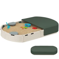 Outsunny Kids Sandbox with Cover, Seat, Sandbox Outdoor for Backyard, Cream White(m-11)