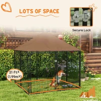 PawHut 4.6' x 4.6' x 5' Outdoor Dog Kennel with Canopy, Rotating Bowls, Coffee(m-9)