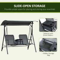 Outsunny 2 Person Covered Porch Swing Patio Swing with Pivot Storage Table, Cup Holder, & Adjustable Overhead Canopy, Grey(m-6)