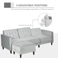 HOMCOM Upholstered L-Shaped Sofa Bed, Reversible Sectional Recliner Sofa Set, Velvet-Feel Sleeper Futon with Footstool, Grey(m-6)