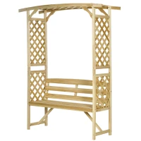 Outsunny Garden Arch with 2 Person Bench, Wooden Garden Arbor Archway Trellis for Climbing Plants, Lawn, Backyard Decor, Natural(m-2)