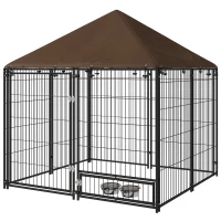 PawHut 4.6' x 4.6' x 5' Outdoor Dog Kennel with Canopy, Rotating Bowls, Coffee(m-2)
