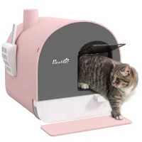 PawHut Cat Litter Box with Lid, Removable Tray, Scoop, Filter, Pink(m-11)