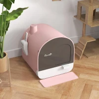 PawHut Cat Litter Box with Lid, Removable Tray, Scoop, Filter, Pink(m-10)
