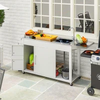 Outsunny Outdoor Grill Table with Stainless Steel Sink and Drainage, Grill Cart with Foldable Side Table and Cabinet, Outdoor Kitchen Island with Wheels, White(m-10)