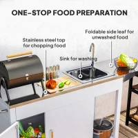 Outsunny Outdoor Grill Table with Stainless Steel Sink and Drainage, Grill Cart with Foldable Side Table and Cabinet, Outdoor Kitchen Island with Wheels, White(m-5)