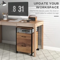 Vinsetto Vertical Filing Cabinet with Wheels, 26.2" Tall File Cabinet with 2 Drawers, Open Shelf, Hanging Bars for Letter and A4 Size, Industrial Printer Stand, Rustic Brown(m-4)