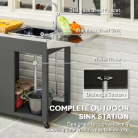 Outsunny Outdoor Grill Table with Stainless Steel Sink and Drainage, Grill Cart with Foldable Side Table and Cabinet, Outdoor Kitchen Island with Wheels, Dark Gray(m-4)