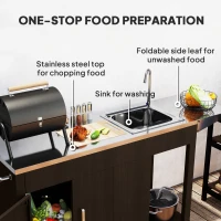 Outsunny Outdoor Grill Table with Stainless Steel Sink and Drainage, Grill Cart with Foldable Side Table and Cabinet, Outdoor Kitchen Island with Wheels, Distressed Brown(m-5)