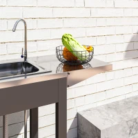 Outsunny Outdoor Grill Table with Stainless Steel Sink and Drainage, Grill Cart with Foldable Side Table and Cabinet, Outdoor Kitchen Island with Wheels, Dark Gray(m-9)