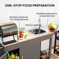 Outsunny Outdoor Grill Table with Stainless Steel Sink and Drainage, Grill Cart with Foldable Side Table and Cabinet, Outdoor Kitchen Island with Wheels, Dark Gray(m-5)