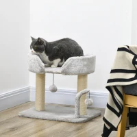 PawHut Cat Tower Condo for Indoor Cats, Small Cat Tree with Sisal Scratching Posts, Top Perch, Dangling Balls, Light Grey(m-1)