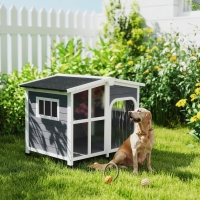 PawHut Wooden Dog House, Raised Pet Kennel with Removable Bottom, Openable Asphalt Roof, Door Curtain, Side Windows, Dark Grey