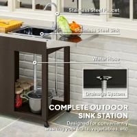 Outsunny Outdoor Grill Table with Stainless Steel Sink and Drainage, Grill Cart with Foldable Side Table and Cabinet, Outdoor Kitchen Island with Wheels, Distressed Brown(m-4)