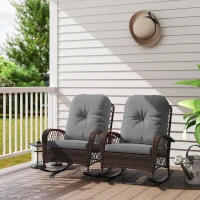 Outsunny Outdoor Wicker Rattan Rocking Chair Set of 2, Patio Rocker with Thick Cushions for Garden Backyard Porch, Grey(m-1)
