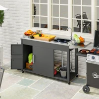 Outsunny Outdoor Grill Table with Stainless Steel Sink and Drainage, Grill Cart with Foldable Side Table and Cabinet, Outdoor Kitchen Island with Wheels, Dark Gray(m-10)