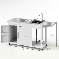Outsunny Outdoor Grill Table with Stainless Steel Sink and Drainage, Grill Cart with Foldable Side Table and Cabinet, Outdoor Kitchen Island with Wheels, White(m-3)