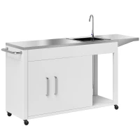 Outsunny Outdoor Grill Table with Stainless Steel Sink and Drainage, Grill Cart with Foldable Side Table and Cabinet, Outdoor Kitchen Island with Wheels, White(m-1)