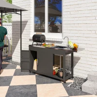 Outsunny Outdoor Grill Table with Stainless Steel Sink and Drainage, Grill Cart with Foldable Side Table and Cabinet, Outdoor Kitchen Island with Wheels, Dark Gray(m-8)