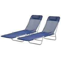 Outsunny Set of 2 Folding Chaise Lounge Chairs, Outdoor Poolside Sun Tanning Chairs w/ Pillow, Reclining Backrest, Dark Blue(m-2)