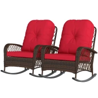 Outsunny Outdoor Wicker Rattan Rocking Chair Set of 2, Patio Rocker with Thick Cushions for Garden Backyard Porch, Red(m-2)