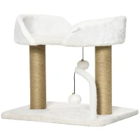 PawHut Cat Tower Condo for Indoor Cats, Small Cat Tree with Jute Scratching Posts, Top Perch, Dangling Balls, White(m-2)