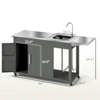 Outsunny Outdoor Grill Table with Stainless Steel Sink and Drainage, Grill Cart with Foldable Side Table and Cabinet, Outdoor Kitchen Island with Wheels, Dark Gray(m-3)