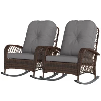 Outsunny Outdoor Wicker Rattan Rocking Chair Set of 2, Patio Rocker with Thick Cushions for Garden Backyard Porch, Grey(m-2)