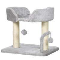 PawHut Cat Tower Condo for Indoor Cats, Small Cat Tree with Sisal Scratching Posts, Top Perch, Dangling Balls, Light Grey(m-2)
