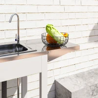 Outsunny Outdoor Grill Table with Stainless Steel Sink and Drainage, Grill Cart with Foldable Side Table and Cabinet, Outdoor Kitchen Island with Wheels, White(m-9)