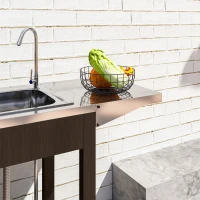 Outsunny Outdoor Grill Table with Stainless Steel Sink and Drainage, Grill Cart with Foldable Side Table and Cabinet, Outdoor Kitchen Island with Wheels, Distressed Brown(m-9)