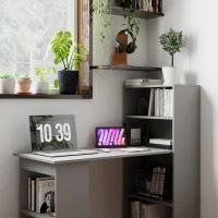 HOMCOM Compact Computer Desk with 6-Tier Storage Shelves, Writing Table Workstation with Bookshelf for Home Office, Gray(m-8)