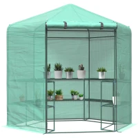 Outsunny 7.5' x 6.5' Walk-in Greenhouse with 3-Tier Shelves, Hexagonal Portable Green House with Roll-up Door, Garden Hot House for Plants Herbs Vegetables, Green(m-2)